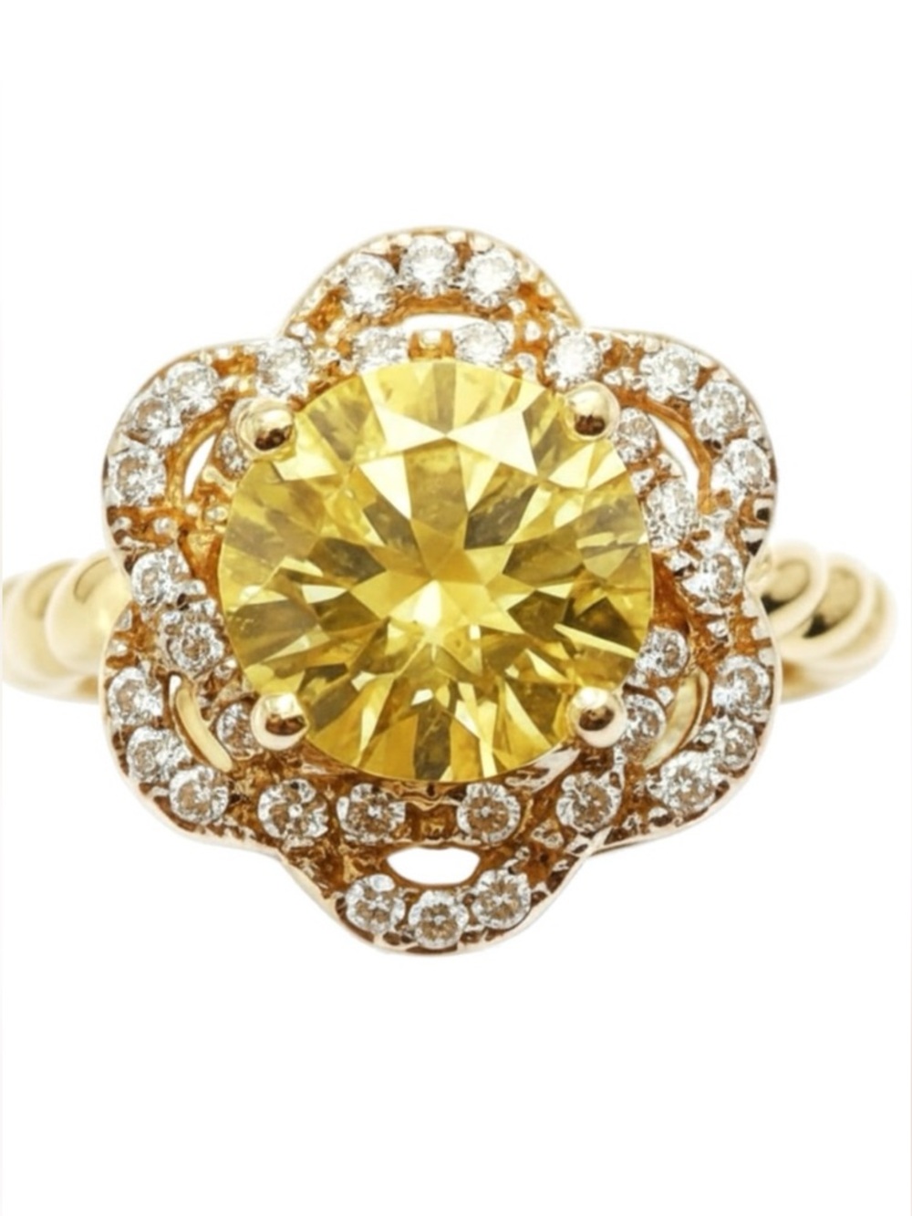 Yellow Citrine CZ Lotus Flower Halo Cocktail Ring 18K Gold Filled Size 5